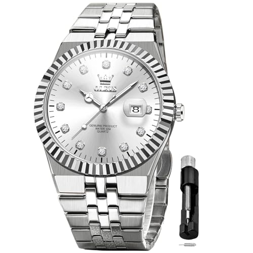Image of OLEVS Silver Mens Watch Business Dress Diamond Stainless Steel Watches for Man Date Waterproof Analog Quartz Date Male Wrist Watch Gold