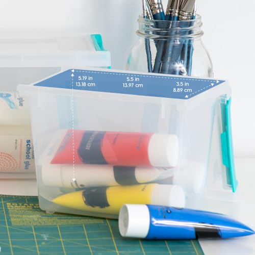 Image of IRIS USA 2 Qt. Craft Storage Bins with Lids, 6-Pack, |Made in USA|, Clip Box, Small Tall Plastic Sensory Bin Tote Organizer Containers for Art Supplies, Paper, & Office, Stackable - Clear /Seafoam Blue