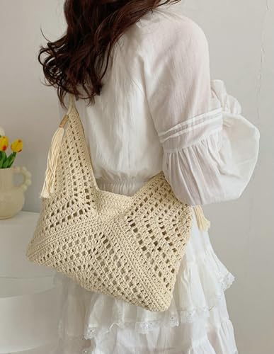 Image of Boho Straw Bags for Women Large Woven Tote Bag Straw Beach Bag Shoulder Bags Purse Handbags Summer Straw Hobo Bag