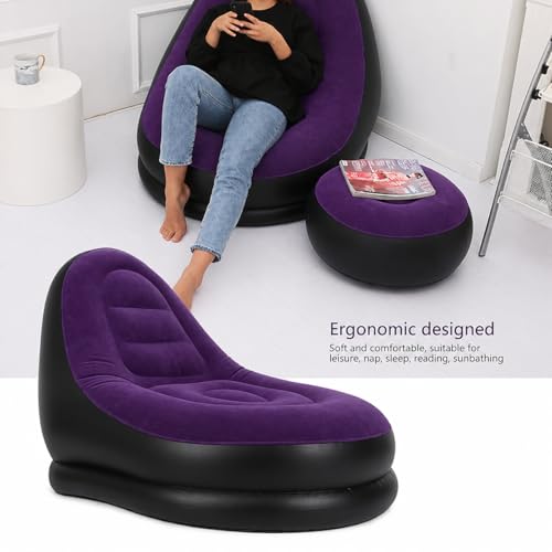 Image of Inflatable Lounge Chair for Adults with Ottoman, Foldable Air Sofa Couch, Portable Blow Up Chair for Living Room Bedroom, Comfortable Indoor Seating, 150 kg Capacity (Purple)