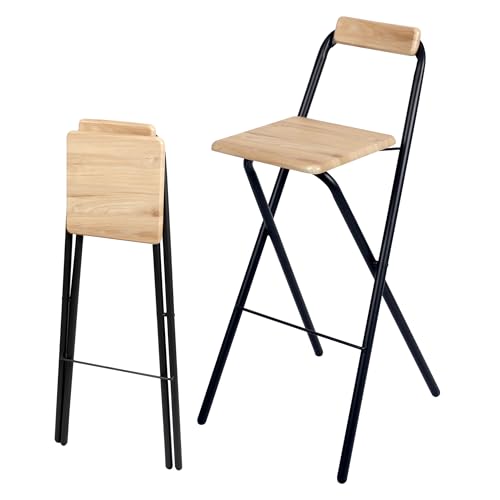 Taburete de bar plegable con estructura de metal, capacidad de carga 120 kg – 98 x 48 cm – Taburete plegable con asiento de madera – Silla de bar de pie, ayuda para planchar para bar y mostrador con