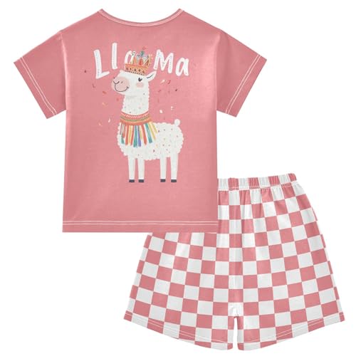 Checkerboard Plaid Crowned Llama Pink Pajama Set Short Sleeve PJ Set Cotton Summer Pajamas Sleepwear Soft 5Y2