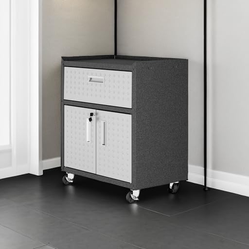 Image of Manhattan Comfort Fortress Textured Metal 31.5 inch Garage Mobile Cabinet with 1 Full Extension Drawer and 2 Adjustable Shelves, Black /Gray