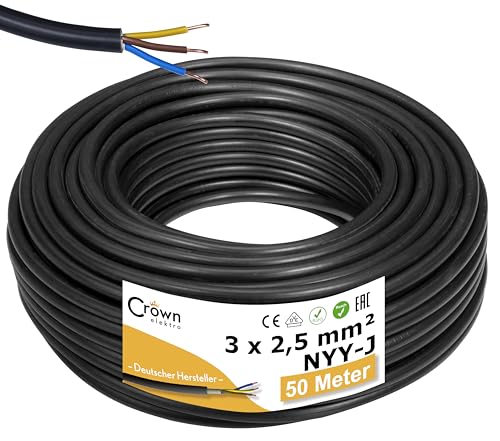 NYY-J 3x2 5mm 50m Erdkabel Länge am Stück | Elektrokabel Ring für Verlegung im Erdreich & Außenbereich | Kupfer Eindrähtig DIN VDE 0276 Teil 603/627 | Deutsche Markenhersteller