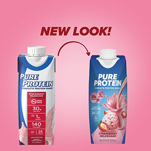 pure protein strawberry protein shake 30g complete protein ready to drink and keto-friendly vitamins a c d and e plus zinc to support immune health 11oz bottles 12 pack