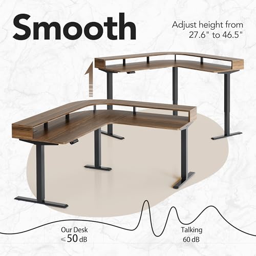 Image of HUANUO Electric L Shaped Stadning Desk with LED Strip & Power Outrlets, 63 inch x 55 inch 2-Tier Height Adjustable Sit Stand up Desk with Power Strip Holder, Ergonomic Corner Computer Table, Walnut