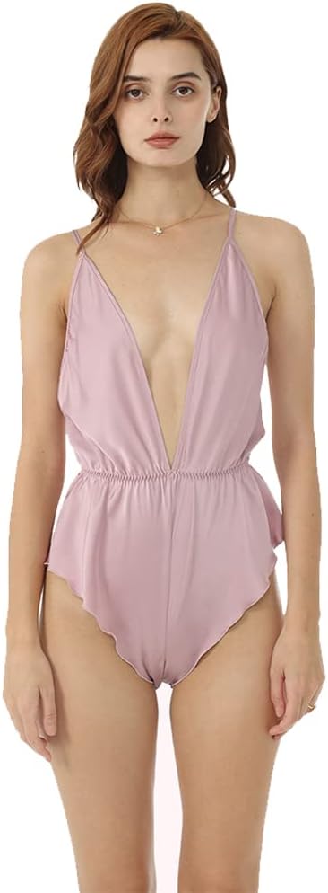 CODE LOVE Women Sexy Lingerie Bodysuit Teddy See-Through Lace Deep V Open Babydoll Short Pajamas