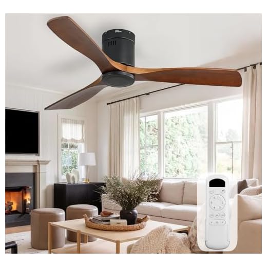 Sofucor 52 Inch Low Profile Ceiling Fan 3 Carved Wood Fan Blade Noiseless Reversible DC Motor Remote Control Without Light Flush Mount Farmhouse Ceiling Fan No Light for Low Ceiling