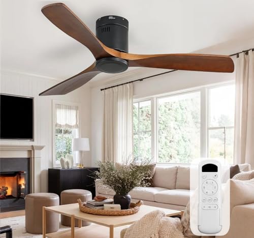 Sofucor 52 Inch Solid Wood Ceiling Fan Without Lights Flush Mount Ceiling Fan with Remote Control-Wood Blades Modern Outdoor Ceiling Fans No Light for Bedroom/Farmhouse/Patio/Indoor, Brown Black by Sofucor - Used condition - US$105.51