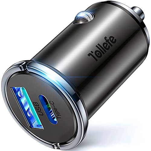 Car Charger, Zinc Alloy USB C Car Charger, Tollefe 2-Port QC 3.0 Fast Car Charger, PD Type C Car Charger Adapter for All iPhone, Samsung, Google Pixel, iPad and More - Gray