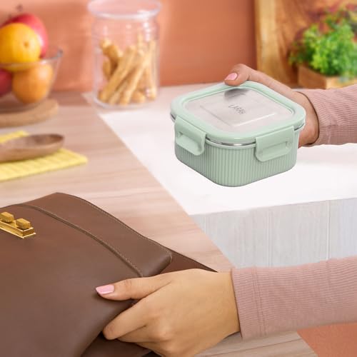 Image of Larah by BOROSIL Freshbyte Food Storage Container with Airtight Stainless Steel Lid | Fridge Container for Lunchbox | Food Grade | Microwave Safe (Green, 400 ml, Square)