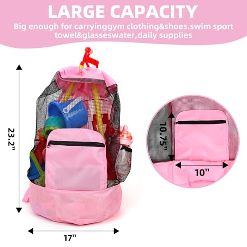Beach toy bag，mesh backpack for beach,Shell Collecting Bag Shelling Tools,Beach Must Haves Sand Box Toys Seashell Bags，Waterproof Swim Mesh Beach Bag(1pcs Pink+1pcs Blue)3