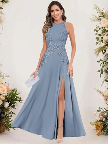 Women's Chiffon Mother of The Bride Dresses Halter Lace Formal Dresses for Women Wedding Guest2