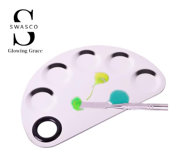 SWASCO™Cosmetic 5 Dip Makeup Mixing Palette with Spatula | Stainless Steel Makeup Blending Tool for Foundation, Eyeshadow & Creams Pack of 1 | D Shaped, Perfect for Makeup Artists 3
