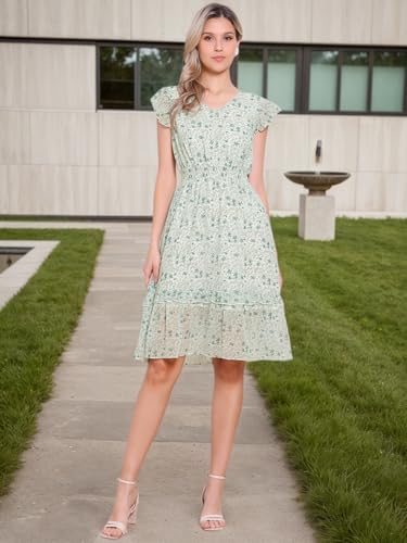 Image of Allegra K Women's Floral Dress Spring Summer V Neck Flutter Sleeve Ruffle Casual Smocked Knee Length Dresses