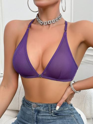 Image of SOLY HUX Women's Sheer Mesh Through Bra Sheer Bralette Front Closure Deep V Neck Wireless Lingerie Sexy Lingerie Bra