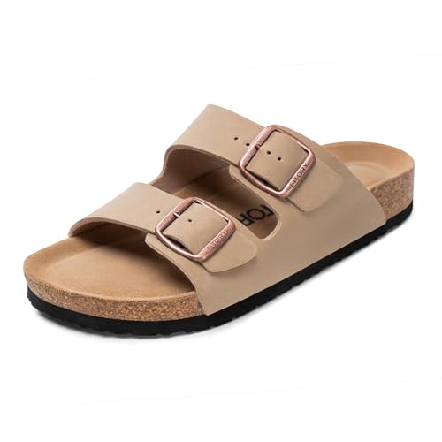 Image of FITORY Mens Sandals, Arch Support Slides with Adjustable Buckle Straps and Cork Footbed Size 7-14.5