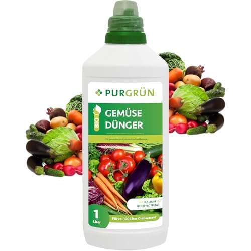 Purgrün® Bio-Gemüsedünger 1 Liter – Hoher Ertrag dank extra Phosphor – Bio & Vegan – Premium-Flüssigdünger – Ohne tierische Inhaltsstoffe – Ergiebiges Konzentrat für 100 Liter Wasser