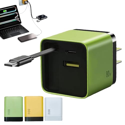 ALBCREHK 3 in 1 GaN Charger, Scalable 80w Max Fast Charger Module with Type C Cable and 2 USB Ports,Torbe 80 Watt All in One Retractable Phone Wall Plug for Phone and Laptops (1-Green)