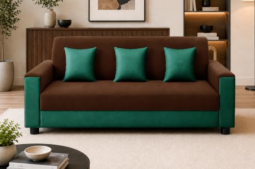 Image of Modern 3 Seater Sofa | Contemporary Upholstered Couch | Premium Cushioned Seating | Stylish Armrest Design | Comfortable Sofa for Living Room, Bedroom & Office - Brown + Green Color