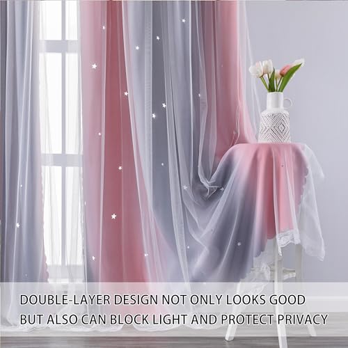 XiDi Dream Star Blackout Curtains for Kids Rooms Girl Princess Curtain for Daughter Bedroom Window (Pink Grey, W34 X L63)