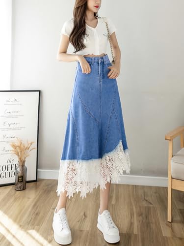 ebossy Women's Elegant Lacy Floral Denim Skirt High Waist Frayed A-Line Swing Midi Jean Skirt with Pockets2