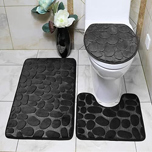 Hyuduo Bathroom Non Slip Mat Set 3Pcs (Toilet Bath Mat, Toilet Lid Cover Mat, Floor Mat) with a Non Slip Cobblestone Embossed Texture, Soft and Floor Pads for Bathroom, Kitchen