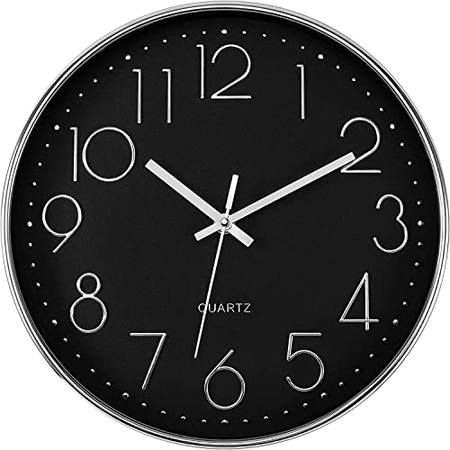 Image of FIGMENT Wall Clock 12 inch Silent .Quartz Decorative Wall Clock Non-Ticking Classic Clock Battery Operated Round Easy to Read for Room /Home /Kitchen /Bedroom /Office /School (Black Silver)
