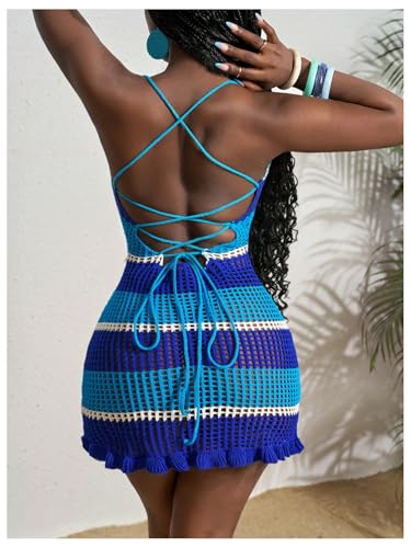 MakeMeChic Women's Striped Crochet Cover Up Mini Dress Lace Up Knit Beach Dresses Swimsuit3