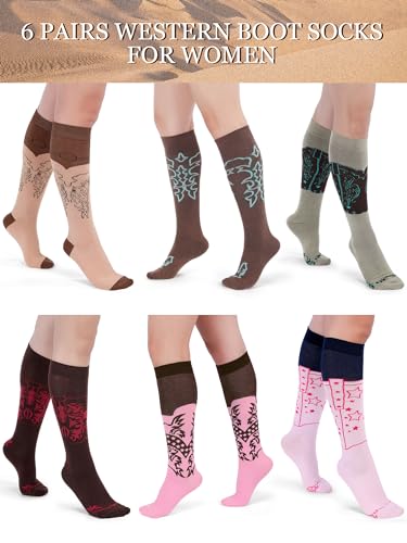 6 Pairs Cowgirl Boot Socks Western Cowboy Boot Knee High Socks for Women Western Outfits Accessories2
