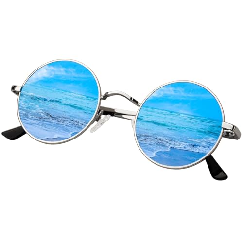 KANASTAL Gafas de Sol Redondas Azul Espejo Polarizadas Hombre y Mujer Retro UV Protección Hippie Steampunk Círculo Metálico Blue Round Sunglasses   Lentes Azules En Montura Plateadas