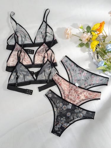 Women's 3 Pack Floral Print Mesh Lingerie Set Wireless Low Rise Sheer Matching Bra and Panty Set2
