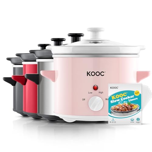 KOOC Small Slow Cooker, 2-Quart, Free Liners Included for Easy Clean-up, Upgraded Ceramic pot, Adjustable Temp, Nutrient Loss Reduction, Stainless Steel, Pink, Round