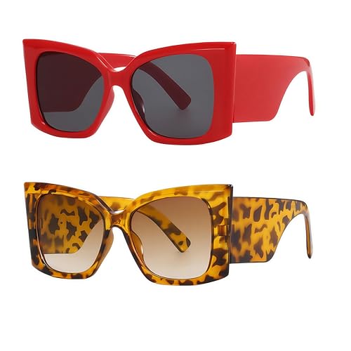NLEYANB Oversized Big Square Y2K Cat Eye Sunglasses Designer Trend Fashion Summer Party UV400 for Unisex Women Men (Red+Leopard)