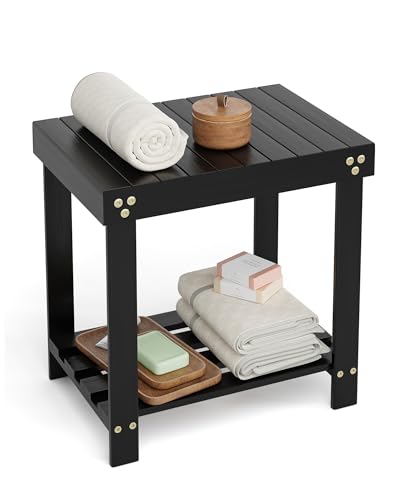 Bamneat Small Bamboo Bathroom Shower Bench with Storage Shelf, Durable Shower Stool for Shaving Legs, Indoor and Outdoor Use, Black