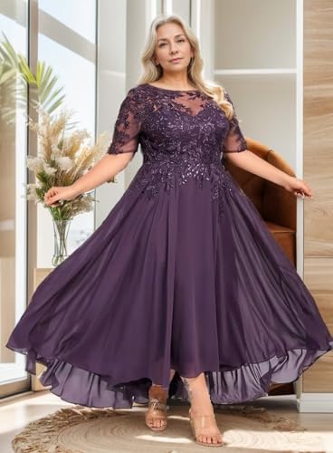 Mother of The Bride Dresses for Wedding Tea Length Lace Chiffon 3/4 Sleeves Formal Evening Gowns4