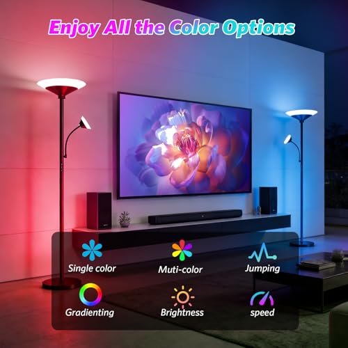 BBHome LED Stehlampe Wohnzimmer RGB, 27W Deckenfluter LED Dimmbar mit 6W leselampe, 3000K-6500K Moderne Dimmbar Stehlampe mit Fernbedienung & Berührung für Wohnzimmer, Schlafzimmer, Büro, Schwarz