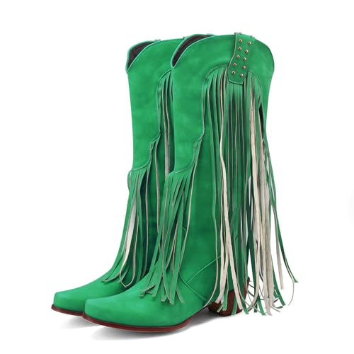 Image of KiutSymo Mid Calf Fringe Boots For Women Cowboy Pointed Toe Chunky Heels Cowgirl Western Tassel Boots