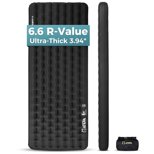 Image of ATEPA ThermAir Pro Insulated Sleeping Pad for Backpacking, 6.6 R-Value 4 inch Thick Ultralight Quiet Camping Air Mattress with Pump Sack, Wide Long 77 inchx25 inch, 4-Season Sleeping Mat for Hiking Travel, Black