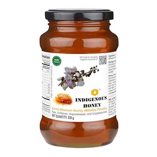 Image of INDIGENOUS HONEY Raw Karanj Honey Pure Unfiltered 17.64 oz Glass Jar | Natural Organic Unprocessed Unpasteurized Unheated Honey Pack of 1
