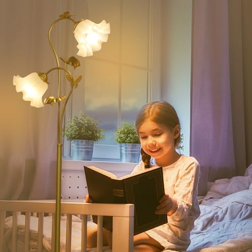 Image of HMVPL Gold Floor Lamp for Living Room, Flower Standing Lamp with 2 LED 5W Blubs, Foot Switch, Floral Tall Lamp with Acrylic Shade, Antique Lotus Flower Floor Lamp for Living Room Office Reading