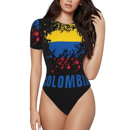 ayvcxui Retro Vintage Colombia Watercolor Sport Colombian Flag Women's Basic Bodysuits Round Neck T Shirts Short Sleeve Shirt for Women Medium