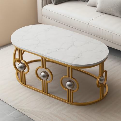 Image of Marble Look Coffee Table, Oval Accent Metal Center Table with Golden Metal Frame Golden White