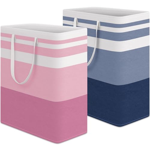 HomeHacks 2 Pack Large Laundry Baskets, Waterproof, Freestanding Laundry Hampers, Collapsible Clothes Hamper with Reinforced Handles in Laundry, College Dorm, Bathroom, Bedroom (Blue+Pink, 125Lx2)
