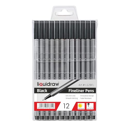 Liquidraw Black Fineliner Pens - 12 Set | Fine Point 0.4 mm Tip | Storage Wallet | Black Coloured Pens for Artists Handwriting Drawing Calligraphy Sketching | Ergonomic Design | Fade Resistant Ink