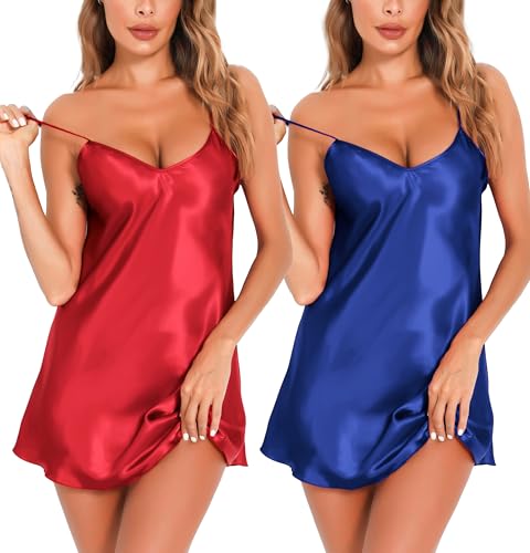 Lovasy Women's 2 Pack Silk Nightgown Sexy Lingerie Satin Sleepwear Negligee V Neck Chemise Nightwear Mini Slip Dress S-XXL
