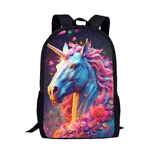 Kids Cute Floral Unicorn Backpack for Girls Sturdy Lightweight Padded Comfy Bookbag 17 Inch Girls Student Large Capacity School Backpack with Side Pocket