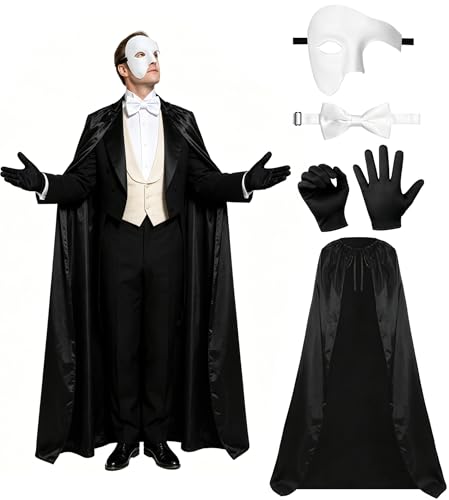 QXDBNXQ Opera Costume Opera Mask for Men Women Black Cape Masquerade White Half Face Tuxedo Mask Gloves Bow Tie for Halloween Cosplay Party