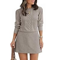 Saodimallsu Womens Long Sleeve Crewneck Sweater Dress Cable Knit Pleated Fit Flare Mini Dresses Camel