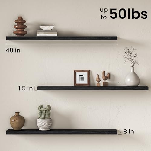 Image of Fun Memories 48Inch Floating Shelves for Wall, 8 Inch Deep Shelves for Bathroom|Bedroom|Kitchen, Large Wall Mounted Wood Hanging Shelf with Invisible Brackets for Home Storage Decor, Black - 2 Pack